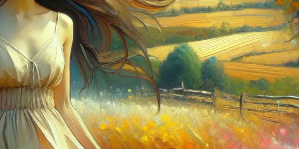 A young woman in a summer dress stands in a lush rural landscape, embodying innocence and desire.