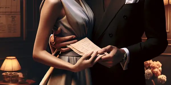 A mysterious female spy exchanges documents with a dashing male agent in a dimly lit, vintage WWII setting.