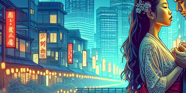 A romantic couple in an illuminated Tokyo setting, surrounded by whimsical elements like cherry blossoms and lanterns.