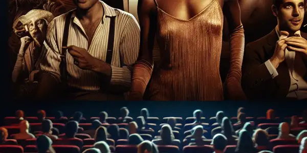 A luxurious cinema hall filled with diverse film enthusiasts enjoying a montage of iconic erotic films.