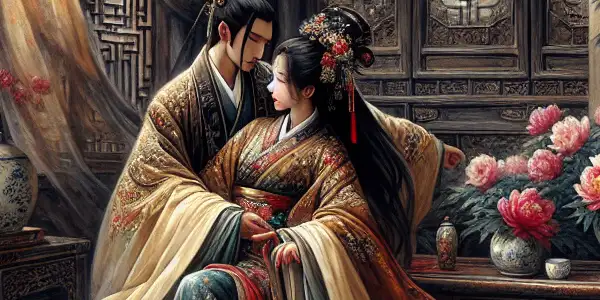 A couple in a lush Chinese courtyard, sharing an intimate moment surrounded by elegant decor and romantic ambiance.