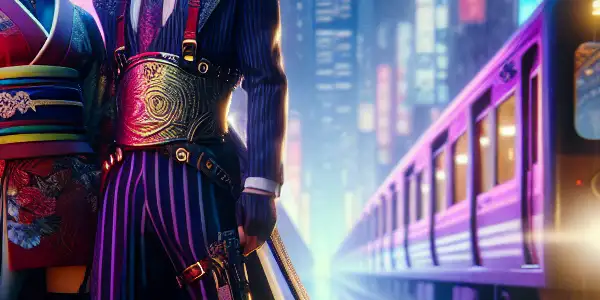 A dimly lit Tokyo street scene featuring characters in elaborate BDSM costumes, illuminated by vibrant neon lights.
