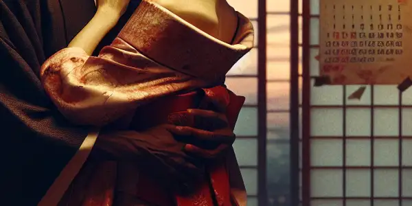 A couple embraces in a romantic Japanese-style room, surrounded by cherry blossoms and intimate dinner settings.