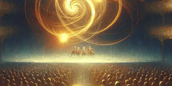 A couple in a dim cinema, captivated by an abstract film representing passion and desire.