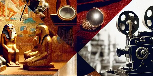 A collage depicting the evolution of erotic art and cinema through ancient, vintage, modern, and contemporary ethical perspectives.