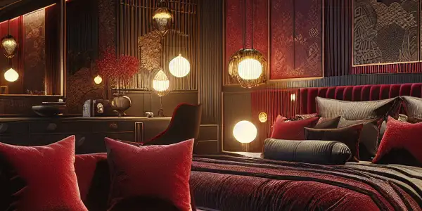 Luxurious bedroom with rich red velvet furniture, soft lighting, and a blend of Western and minimalist Japanese design elements.