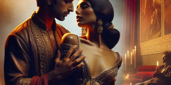 A passionate couple in a lavish setting, embodying romance and sensuality with rich colors and intricate details.