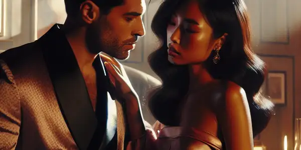 A romantic couple shares an intimate moment in an elegantly decorated, dimly lit bedroom.