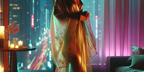 A sensual scene of a beautiful actress in a sheer kimono, set in a dimly lit Tokyo apartment.