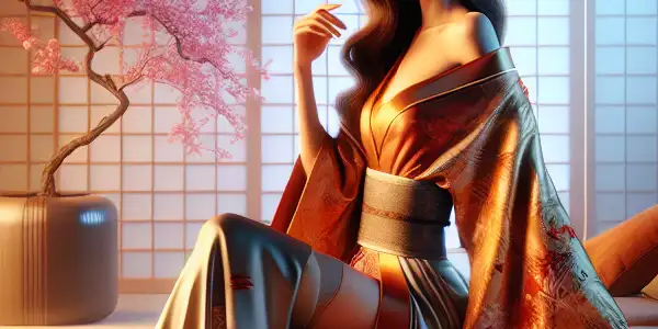 A captivating actress in a modern Japanese room, exuding elegance and sensuality, surrounded by minimalist decor and warm lighting.