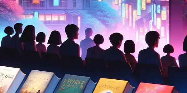 A vibrant urban twilight scene featuring suggestive novels and silhouettes enjoying an outdoor cinema of Japanese adult films.