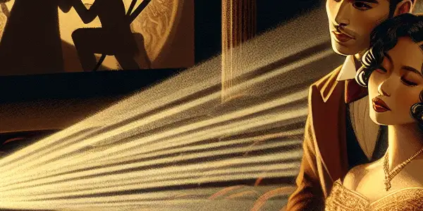 A couple in Victorian attire shares an intimate moment in a dimly lit, elegant theater with vintage film elements.