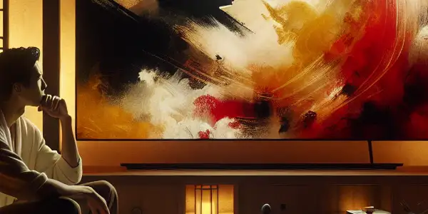 An intimate, dimly-lit room featuring a stylish TV displaying a classic Japanese film, with two contemplative viewers.