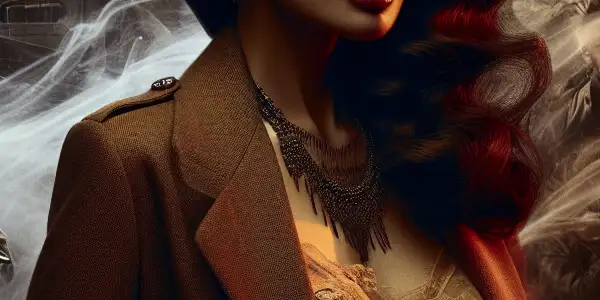 A fierce female spy navigates a tense wartime environment, blending strength, seduction, and traditional Japanese elements.