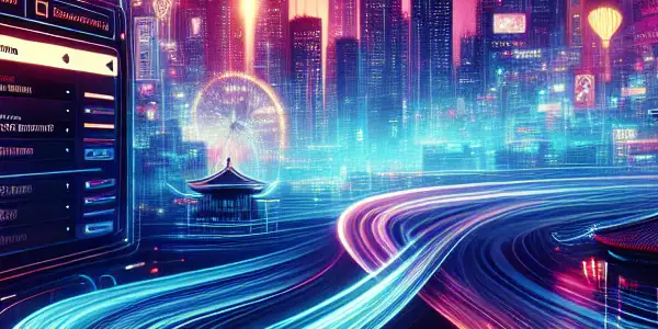 A futuristic digital interface showcasing vibrant icons for Asian adult films against a neon-lit cityscape at night.