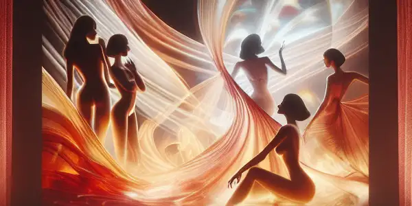 A vintage cinema interior with plush red seats, diverse moviegoers, and a glowing screen showcasing abstract sensuality.<a href=