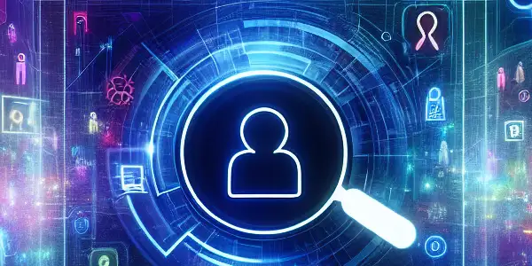 A futuristic digital interface showcasing adult film search keywords, surrounded by abstract genre icons and a cityscape backdrop.