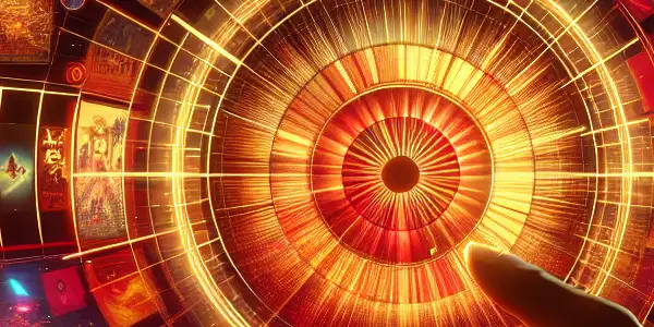 A sleek digital search interface displaying vibrant Japanese adult film posters with interactive elements and a luxurious color palette.