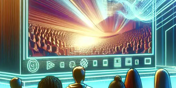 A diverse group enjoys a captivating Japanese AV film on a large screen in a vibrant digital landscape.<a href=