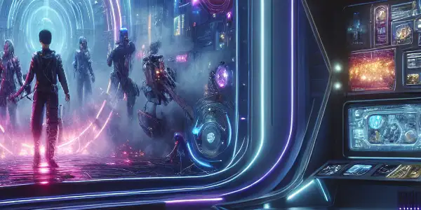 A futuristic virtual reality gaming room featuring interactive Japanese AV film scenes with vibrant neon lighting and advanced technology.