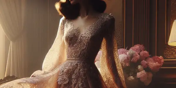 A female model in a flowing silk dress poses in a soft-lit, intimate room with elegant furnishings.