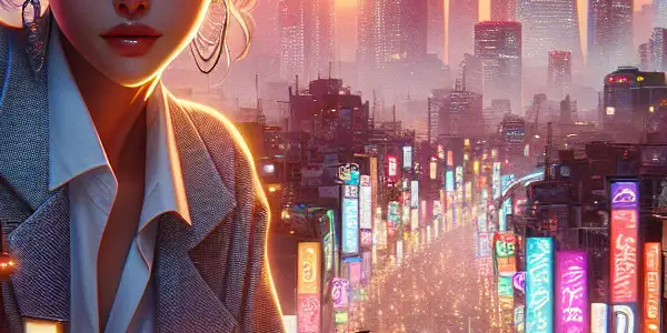 A vibrant Tokyo-inspired cityscape featuring a customizable character in a romantic, interactive scene filled with nightlife.