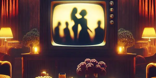 A cozy, dimly lit room featuring a vintage TV displaying silhouettes of mature women, evoking allure and mystery.