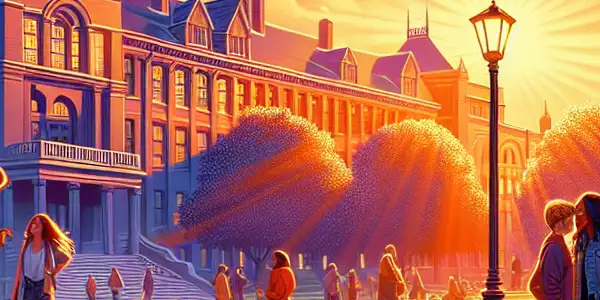 A lively university campus at sunset, featuring diverse students studying, chatting, and sharing moments of connection.