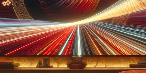 A modern living room with a sleek TV displaying vibrant film imagery, cherry blossoms, and a cozy atmosphere.