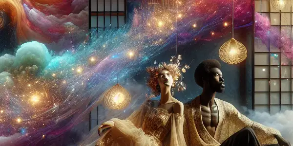 A dreamlike scene in an ornate Japanese room with two elegant figures surrounded by glowing orbs and floating petals.