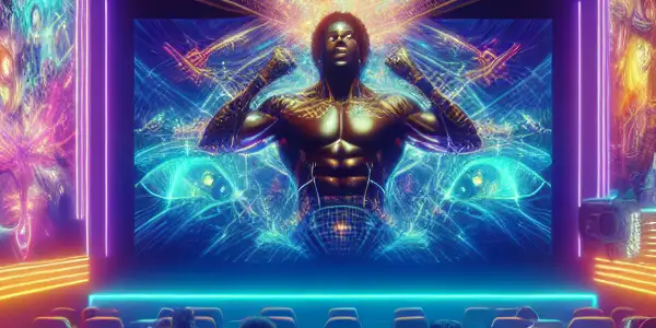 A vibrant futuristic cinema scene with diverse individuals discussing Japanese AV films amidst neon lights and abstract visuals.