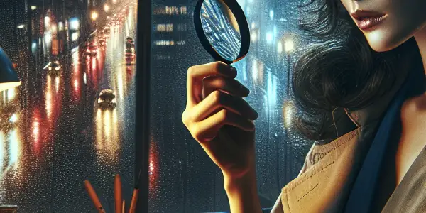 A mysterious female detective in a dimly lit office, with a rain-soaked cityscape and seductive elements in the background.