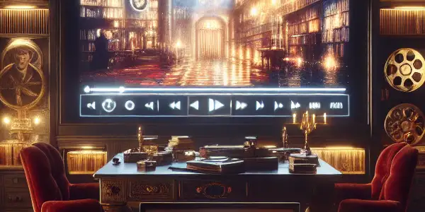 A luxurious, dimly-lit room filled with vintage film reels and modern screens showcasing adult entertainment.