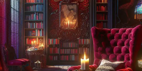 A cozy reading nook with a velvet armchair, erotic novels, and soft ambient lighting, exuding intrigue and sensuality.