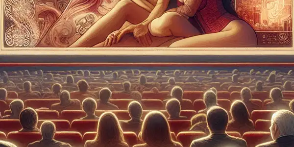 A couple watches a film in a luxurious theater, exploring themes of desire and human connection.