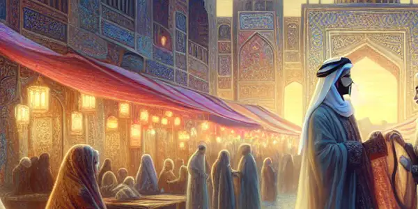 A romantic couple in traditional Arab and Hui attire at a vibrant dusk marketplace, surrounded by cultural elements.