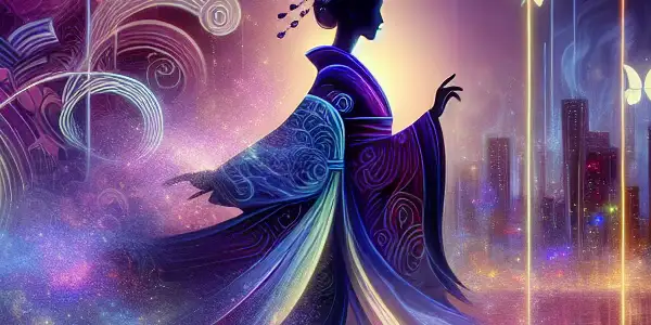 A graceful figure in a flowing kimono amidst a dreamy urban landscape illuminated by soft neon lights and cherry blossoms.
