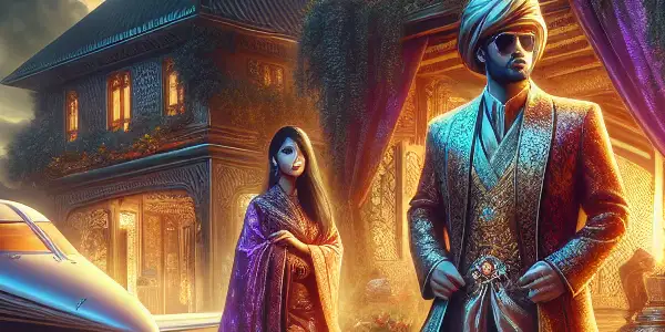 An Arab businessman stands confidently beside a private jet near a luxurious mansion, with a Japanese actress observing him.